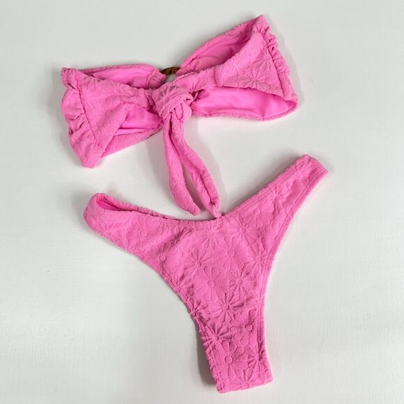 KB KINIS| Cheeky Bikini Set‎ Textured Floral Print Azalea Pink Tie-Back Top Sz S - Picture 6 of 15
